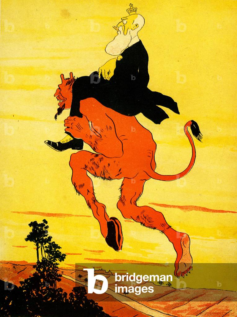 Leopold II riding on the devil's shoulders, 1904. (litho)