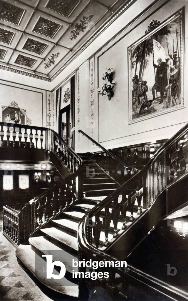 Grand Staircase onboard the HMS Homeric (b/w photo)