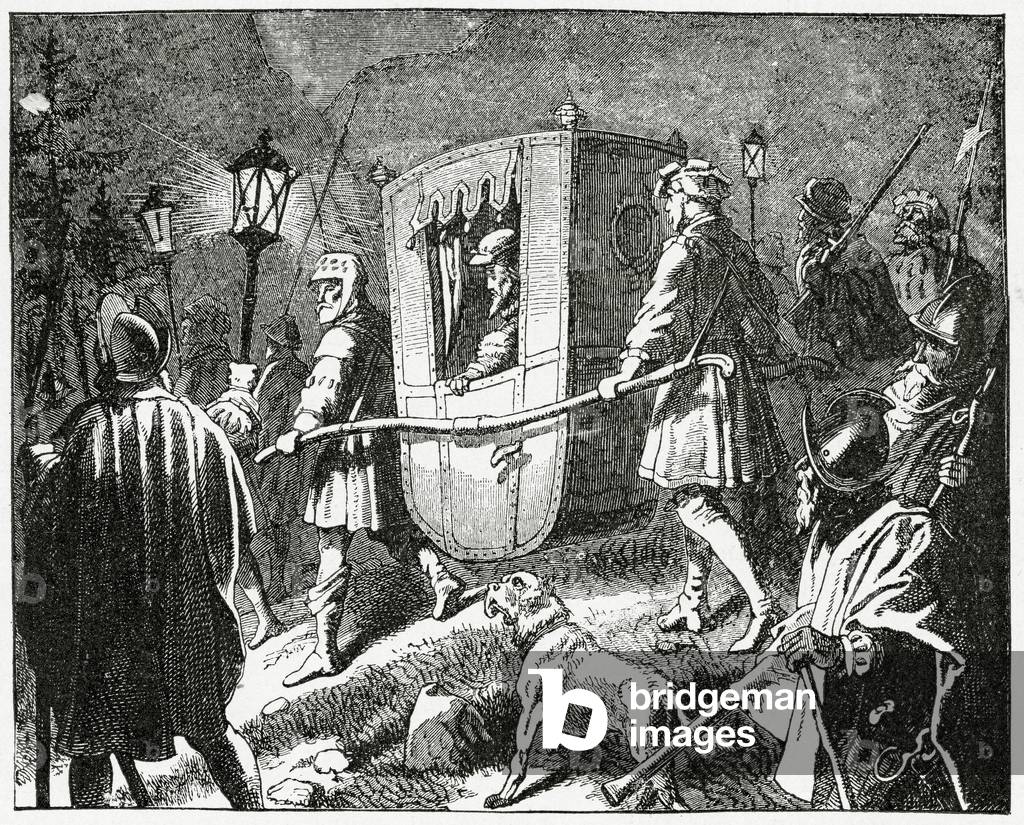 Flight of the Emperor Charles V in 1552 from the Protestant Lutheran forces led by the Elector Maurice of Saxony, 1882 (litho)