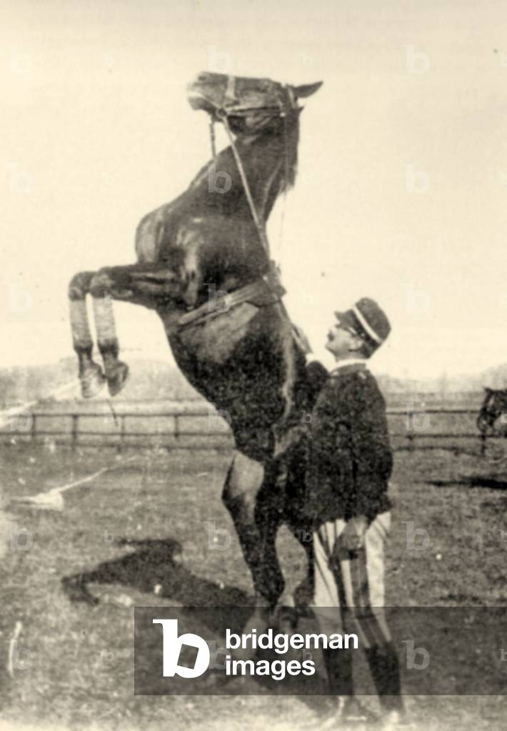 Portrait of Federico Caprilli and his horse (b/w photo)