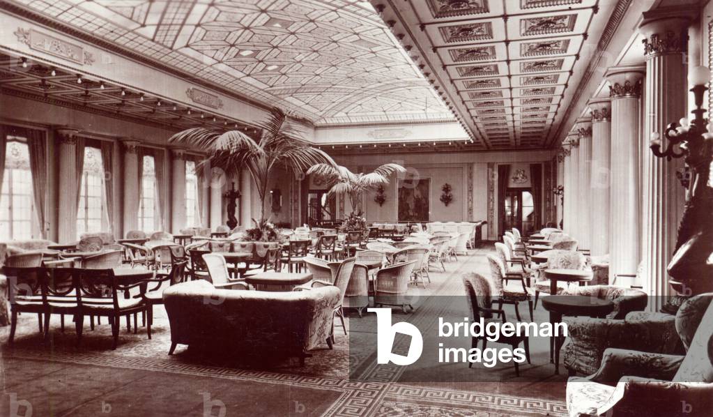 The First Class Lounge onboard the HMS Homeric (b/w photo)