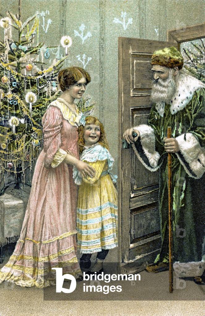 Victorian Christmas card featuring Father Christmas wearing a green suit (litho)