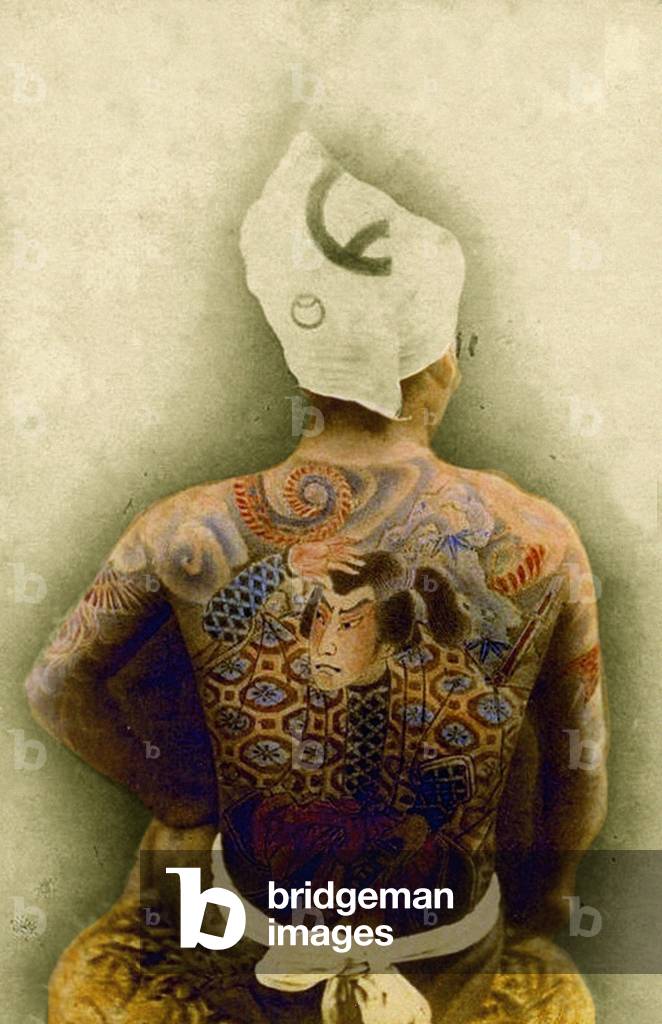 Man with traditional Japanese Irezumi tattoo, c.1880 (hand coloured albumen photo)