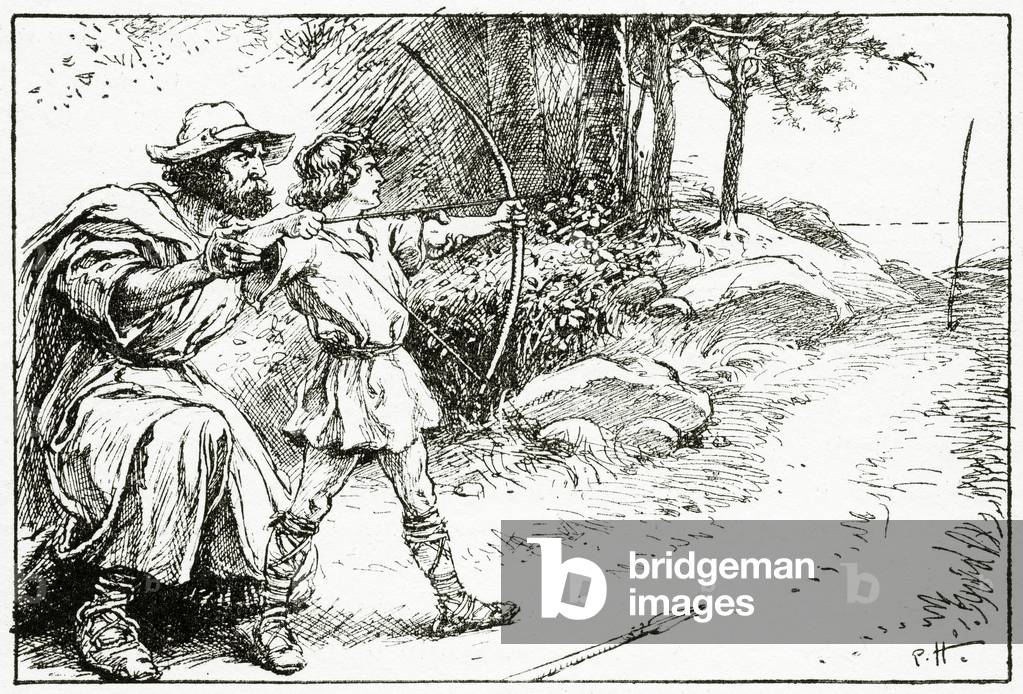 Odin teaches Geirrod the use of the bow, from 'The Book of Myths' by Amy Cruse, 1925 (litho)