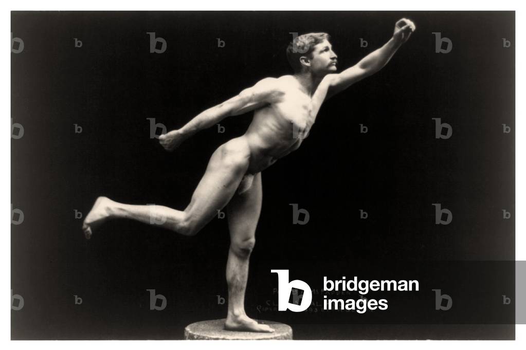 Portrait of Bernarr Macfadden standing on one foot on pedestal, 1893 (photo)