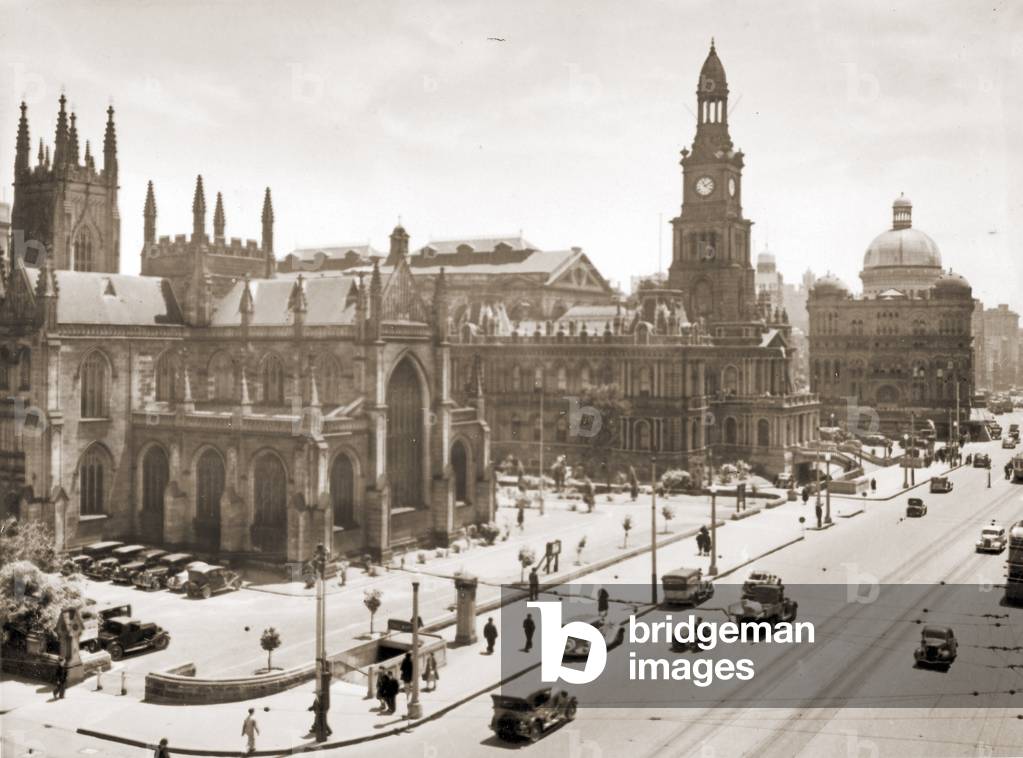 View of the Cathedral and Town Hall, Sydney, Australia. 1929 (b/w photo)