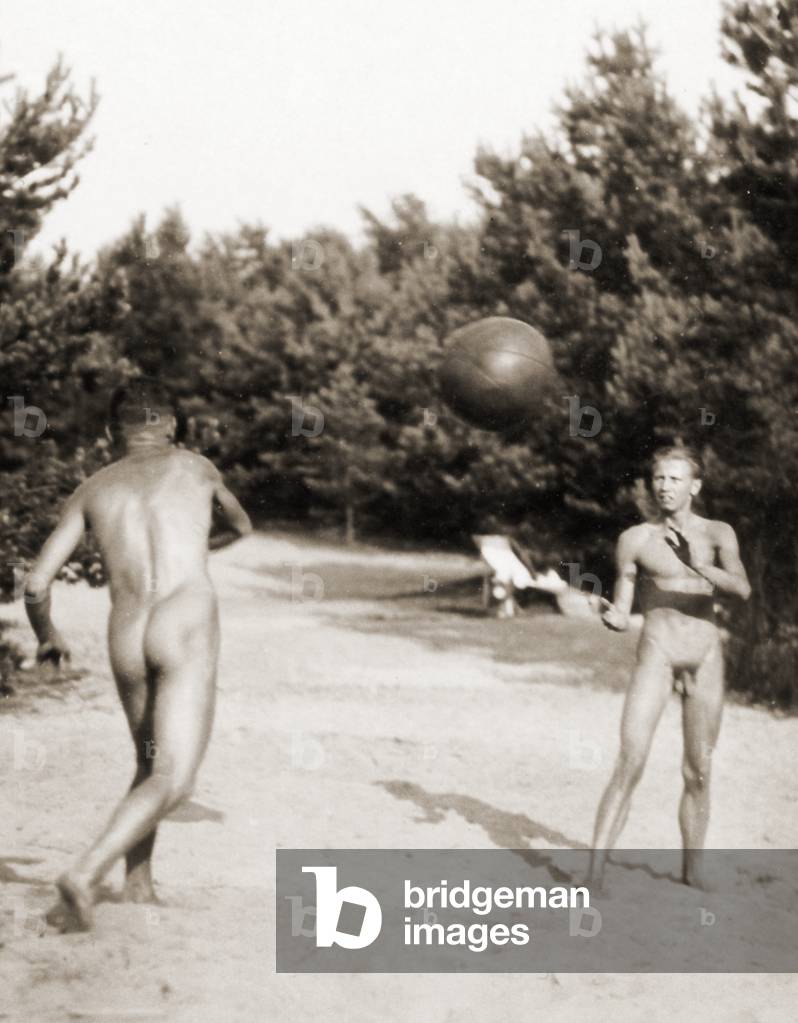 Naturists enjoying a ball game, Freikörperkultur, c.1930 (b/w photo)