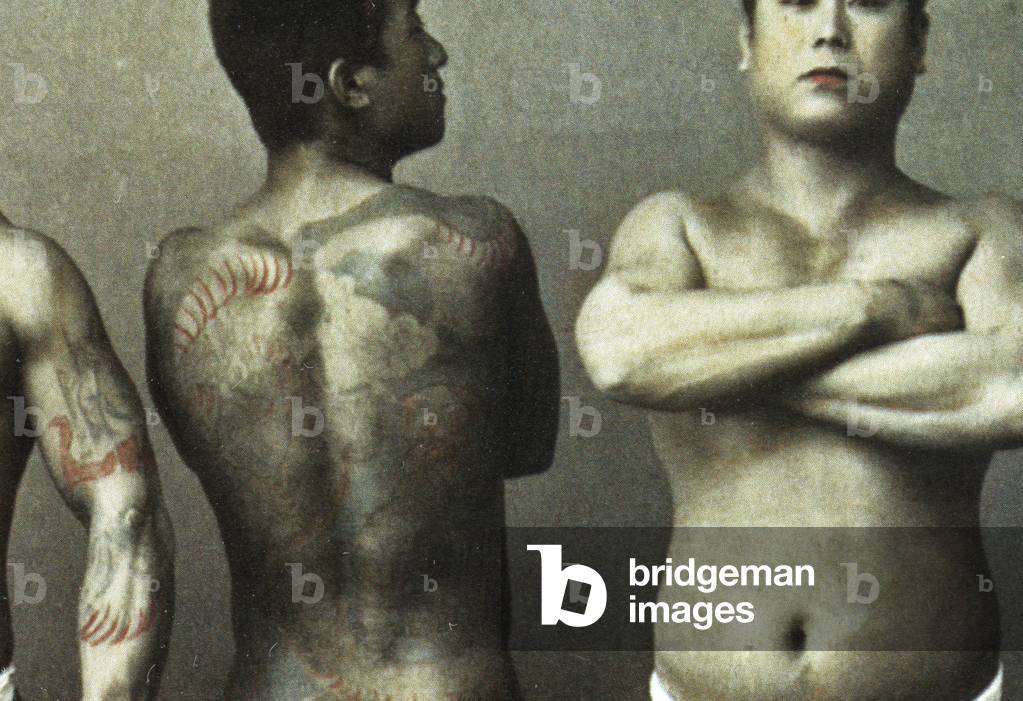 Man with traditional Japanese Irezumi tattoo, c.1880 (hand coloured albumen photo) (detail of 398092)