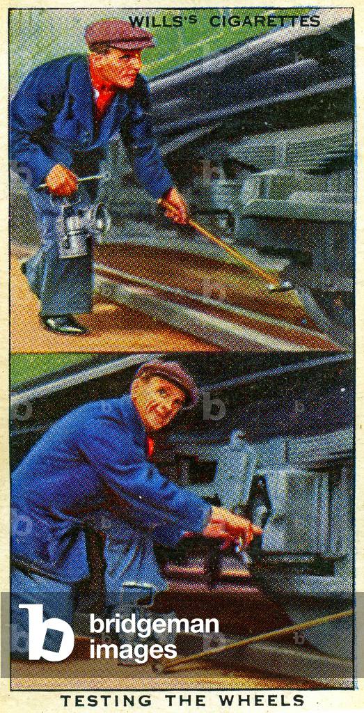 A Rail engineer testing the train's wheels, 1938 (litho)