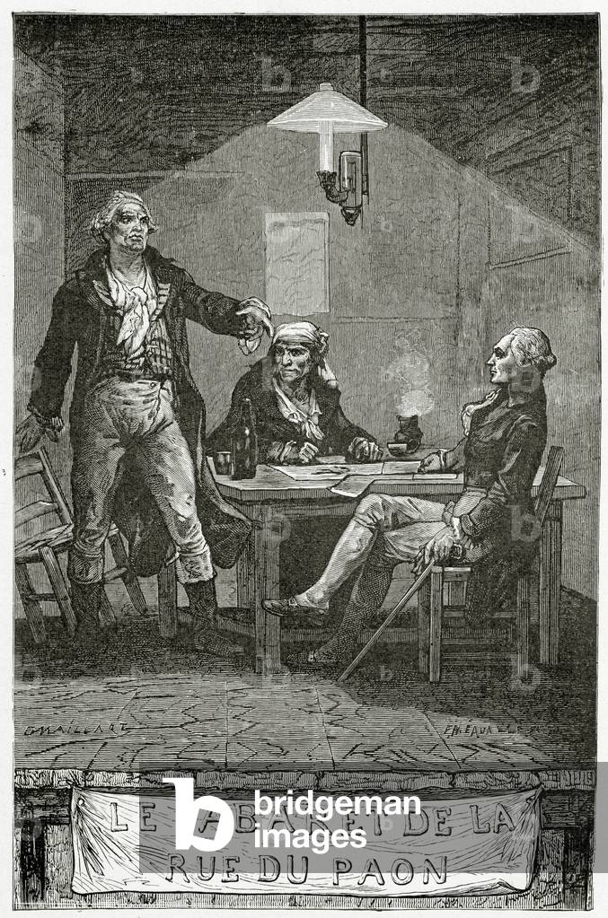 Danton, Marat, Robespierre - illustration from Quatre Vingt Treize,19th Century (b/w engraving)