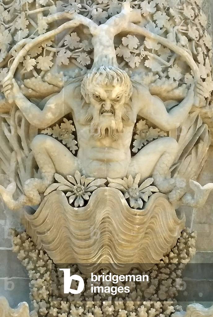 Depiction of Triton, the Pena Palace newt, symbolizing the creation of the world, Pena National Palace, Sintra, Portugal (photo)