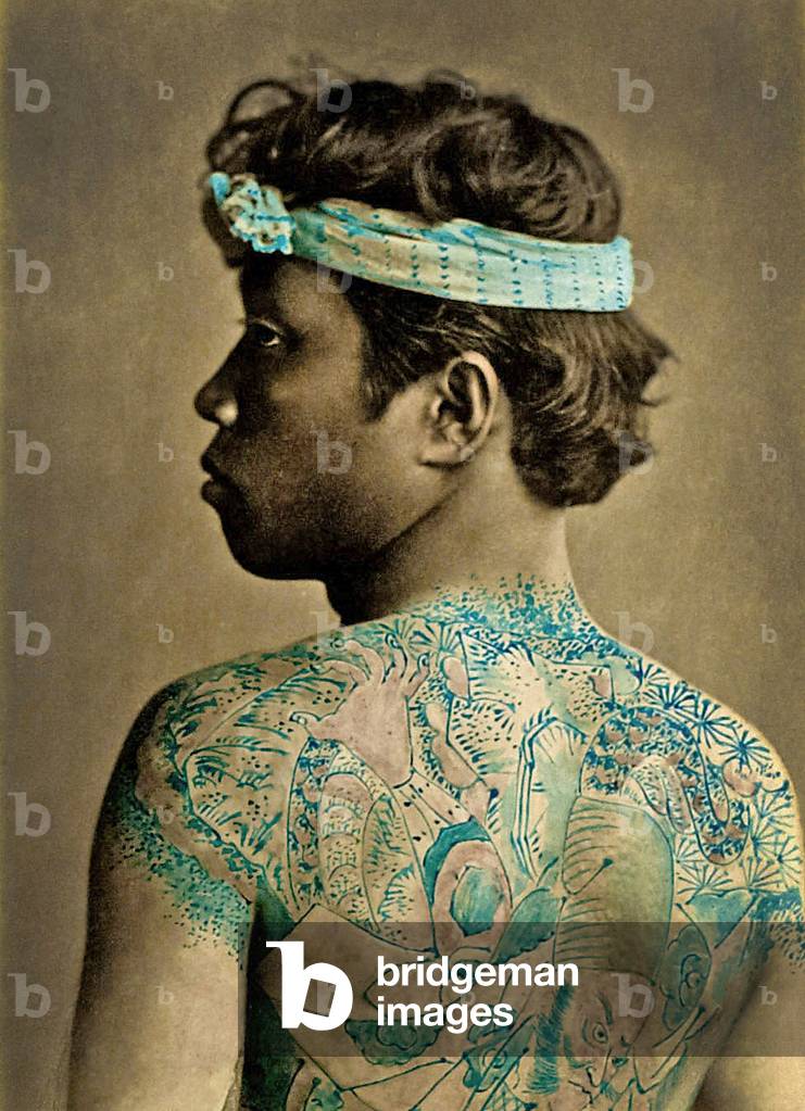 Portrait of a Man with traditional Japanese Irezumi tattoos, c.1880 (hand coloured albumen photo)