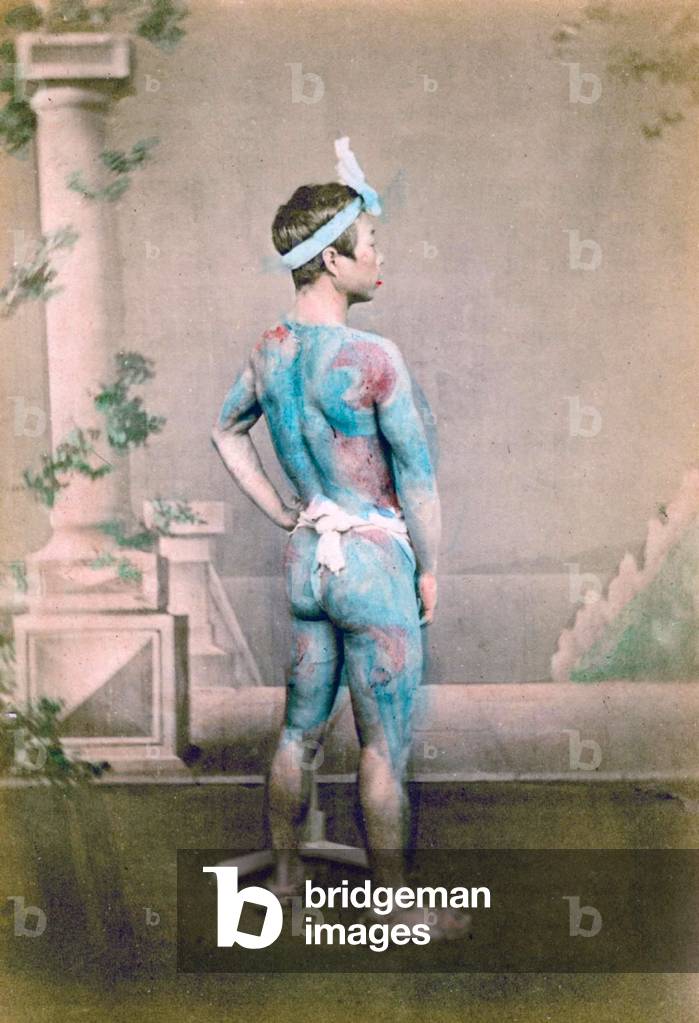 Portrait of a Groom with traditional Japanese Irezumi tattoos, c.1882 (hand coloured albumen photo)