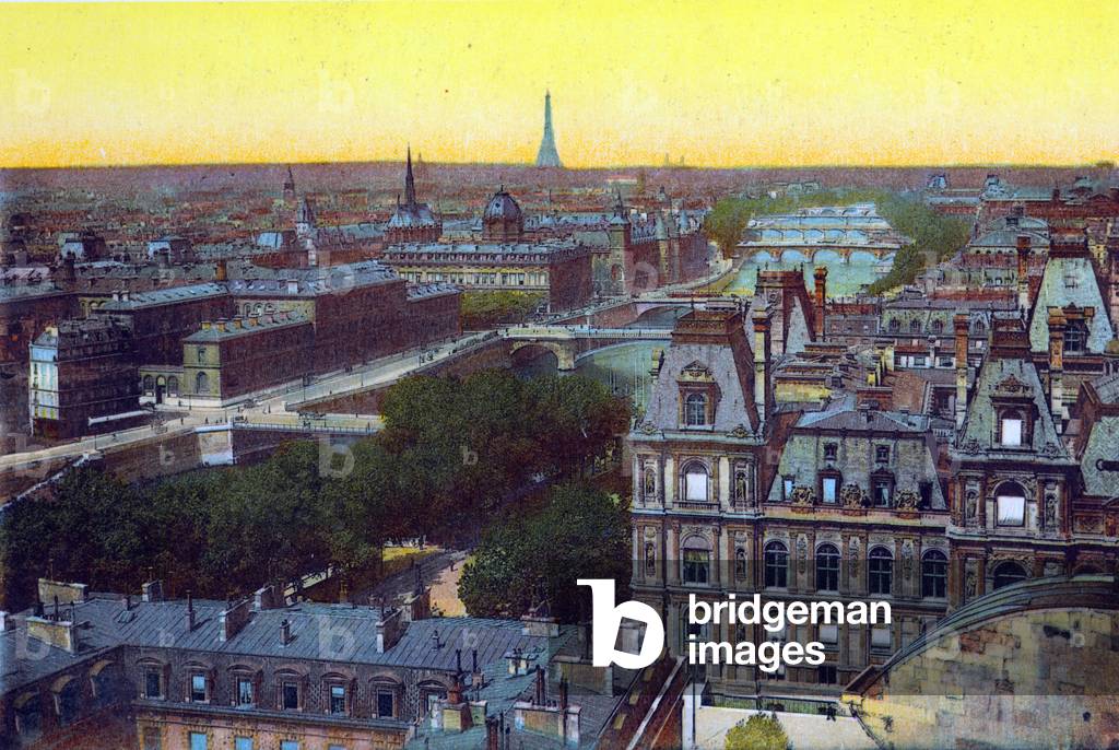 Panorama of the eight bridges, from 'Souvenirs De Paris - Monuments Vues en Couleurs' (colour litho)