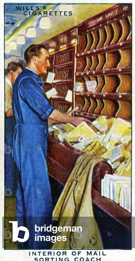 Interior of postal workers in a Royal Mail sorting coach, 1938 (litho)