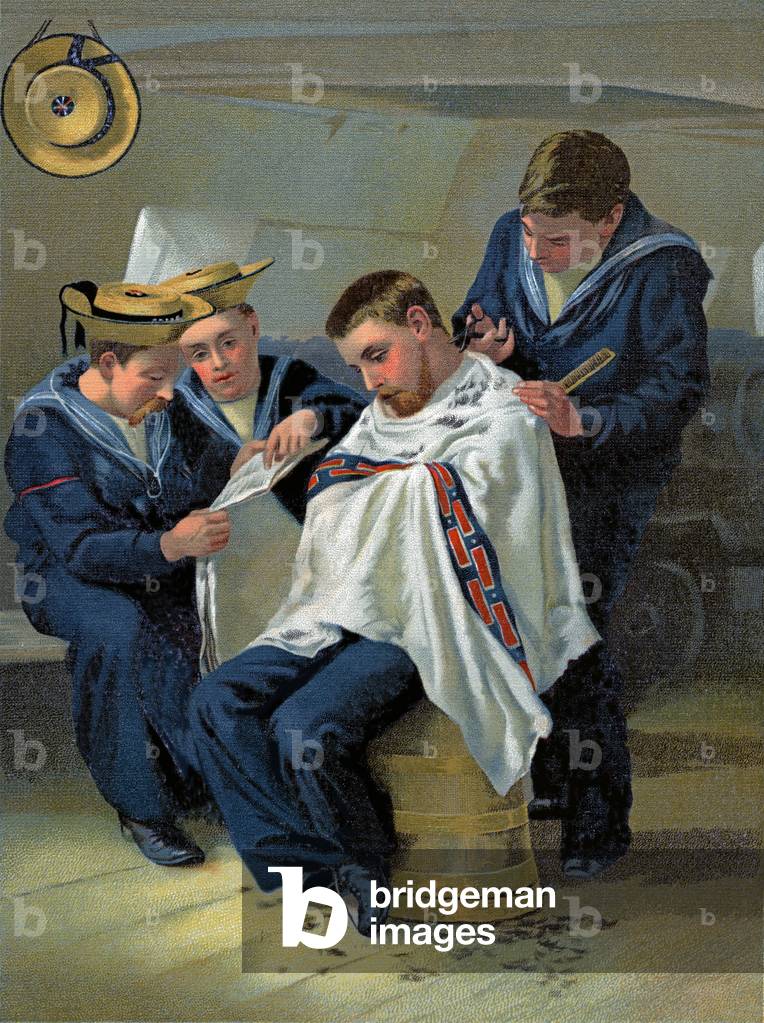 The Queen's Barber, British Navy sailor getting a haircut, c.1888 (litho)