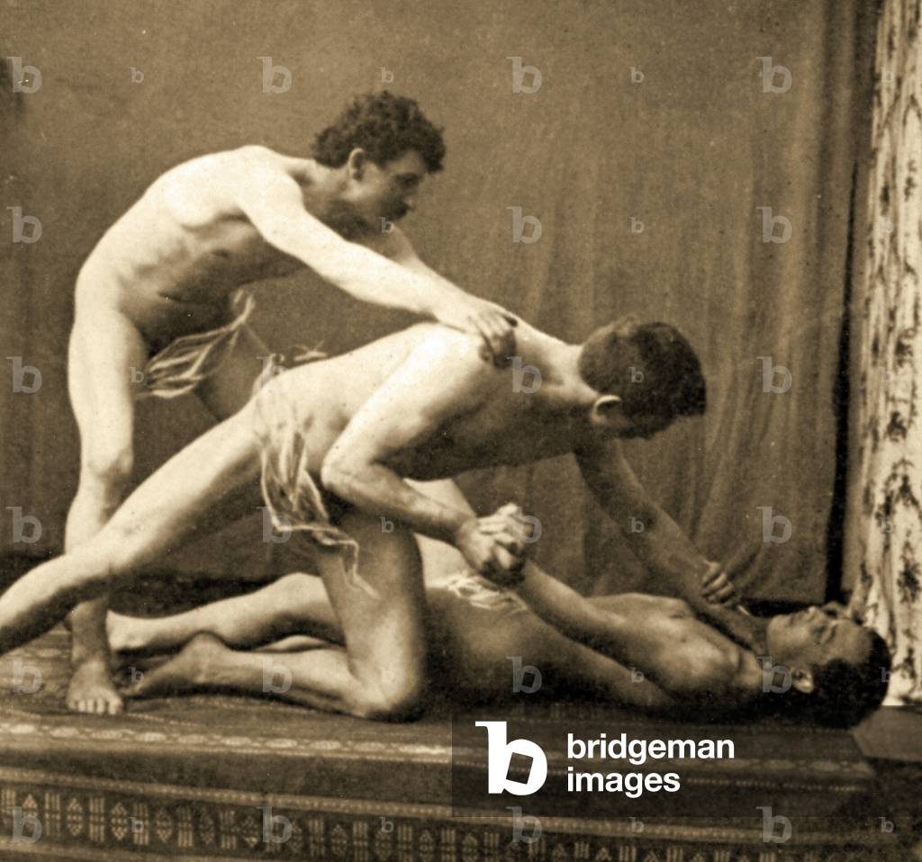 Wrestling Pose, c.1910 (sepia photo)