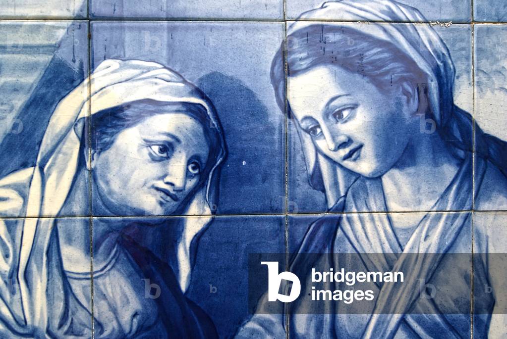 Detail of Mary meeting the Innkeepers wife, Decorative panel depicting Mary and Joseph arriving at the Inn, Lamego, Portugal. 1738 (ceramic tiles)
