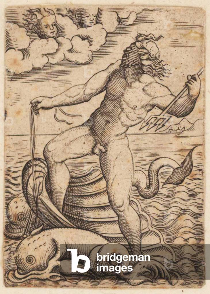 Neptune riding in a seashell chariot, 15th Century (woodcut)