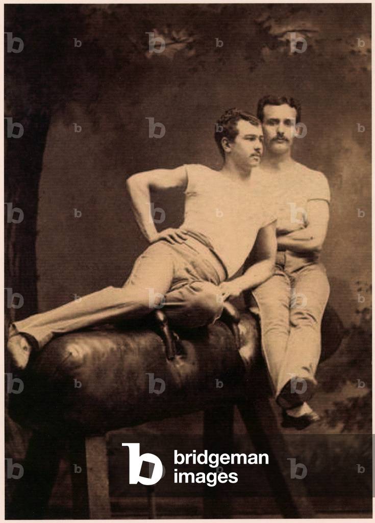 Portrait of two Gymnasts posing on a Pommel Horse c.1899 (b/w photo)