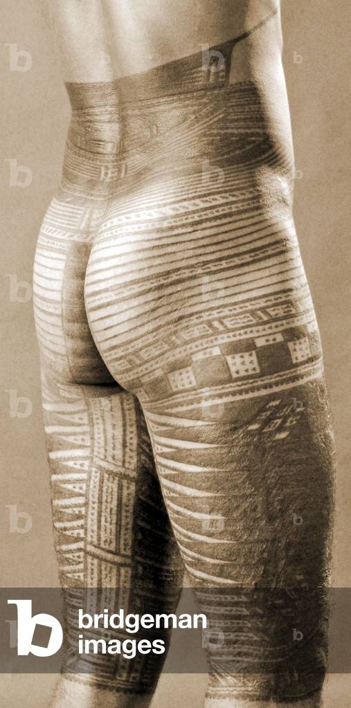 Rear view of a Samoan Pe'a tattoo (sepia photo)