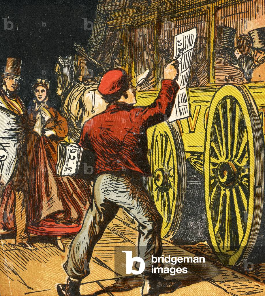 Newspaper Boy, 1867 (colour litho)