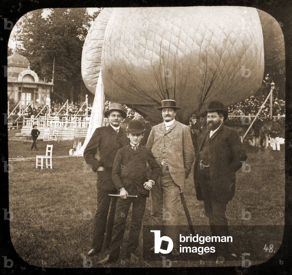 Group portrait in front of a captive balloon, Berlin, c.1850 (sepia photo)