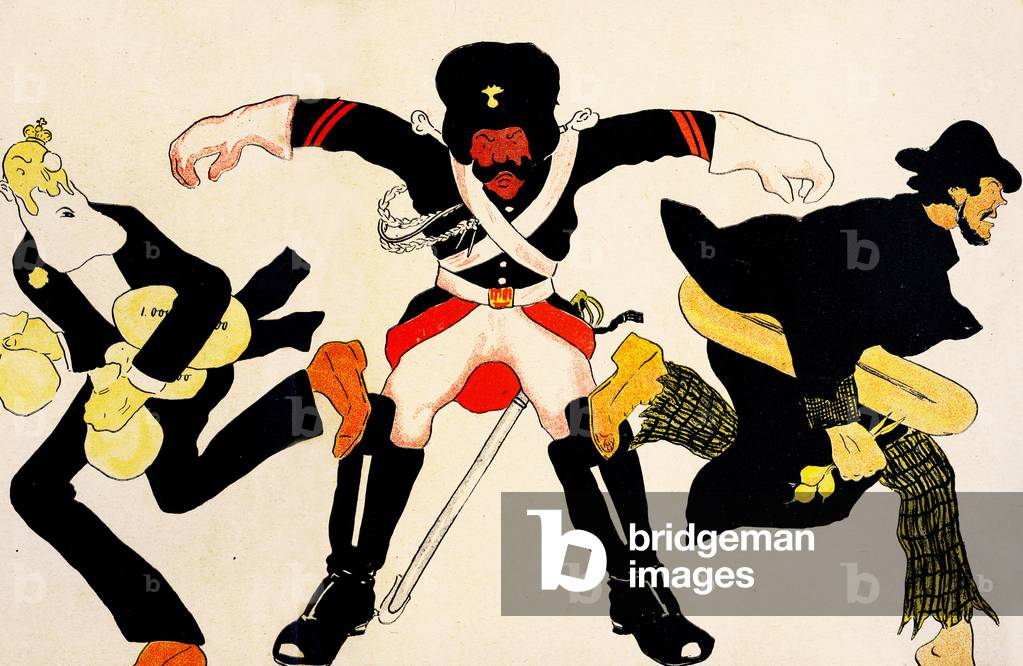 Belgian Officer tries to stop Leopold II stealing money and a peasant stealing food, 1904. (litho)