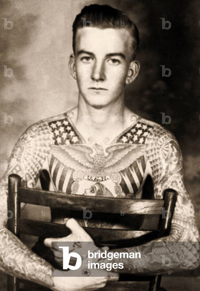 Portrait Of Bob Shaw with tattoos by Bert Grimm, c.1944 (b/w photo)