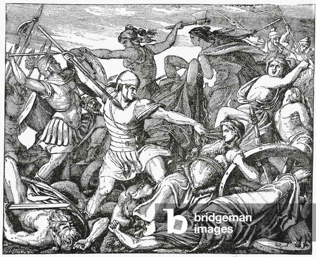 Cimbric Women defend their Wagon Fort from Roman soldiers, 1882 (litho)