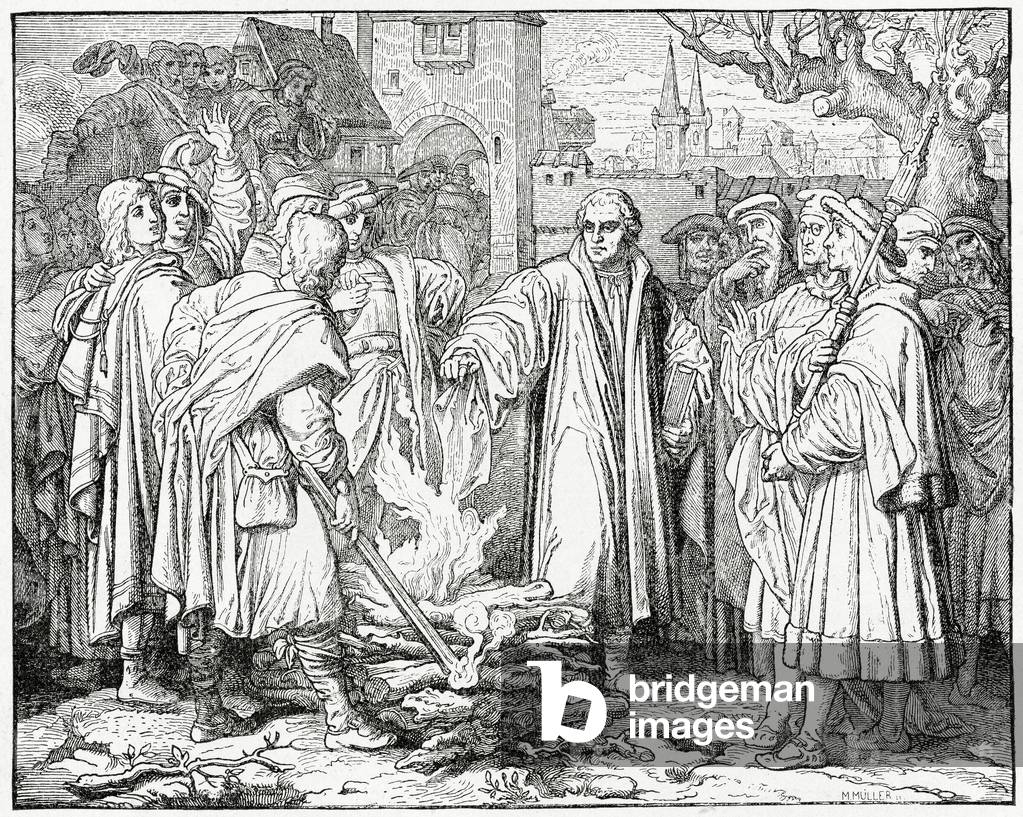 Luther Burns the Pope's Bull in 1520, 1882 (litho)