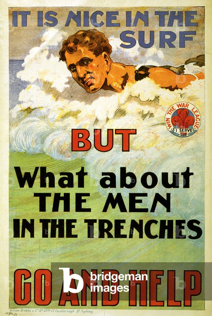 It is nice in the surf but what about the men in the trenches. Go and help. 1917  (lithograph)