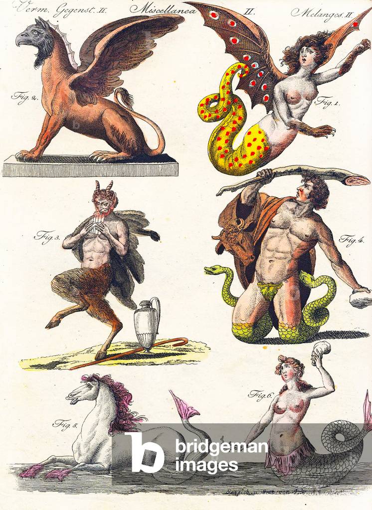 Plate showing various mythological hybrids, 1830 (engraving)