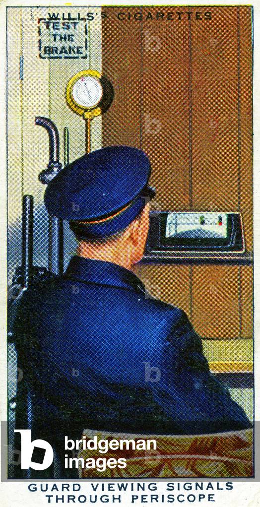 Railway guard viewing signals through a periscope, 1938 (litho)