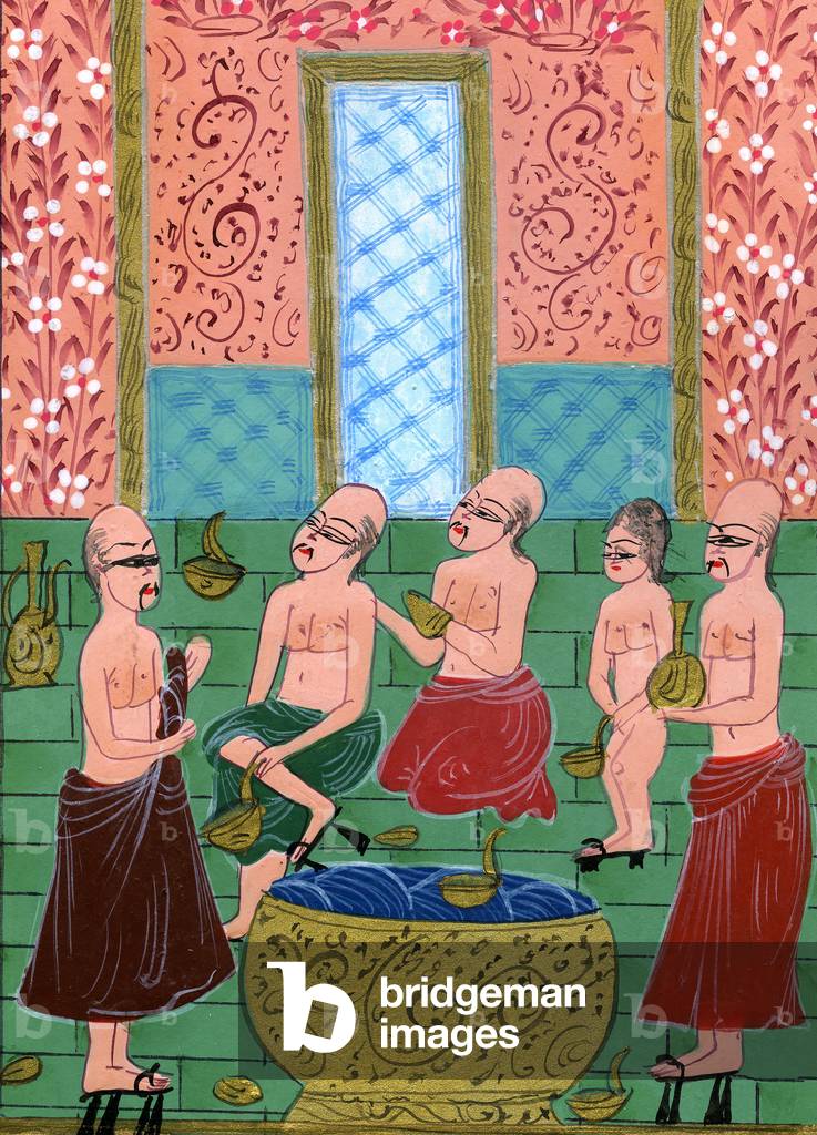 View inside a Men's Hamam (watercolour and gold powder on paper)