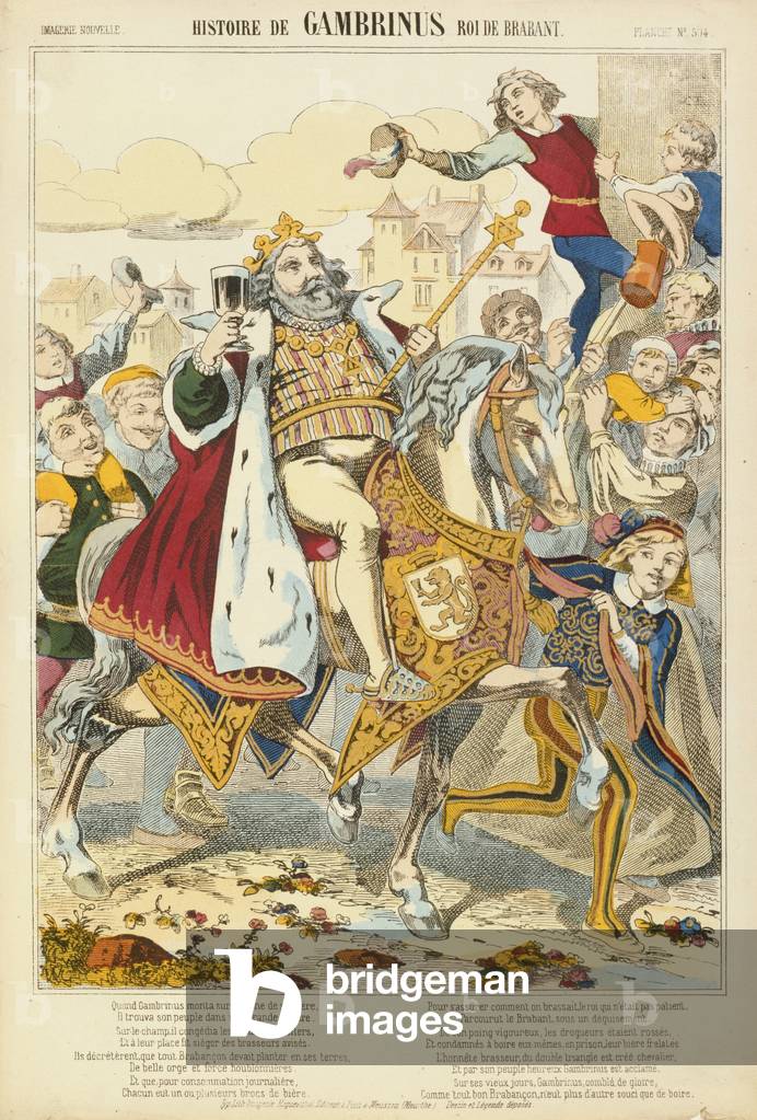 Gambriunus, legendary King of Flanders, broadsheet published by Verlag Haguenthal, Pont-a-Mousson, 1860 (colour litho)