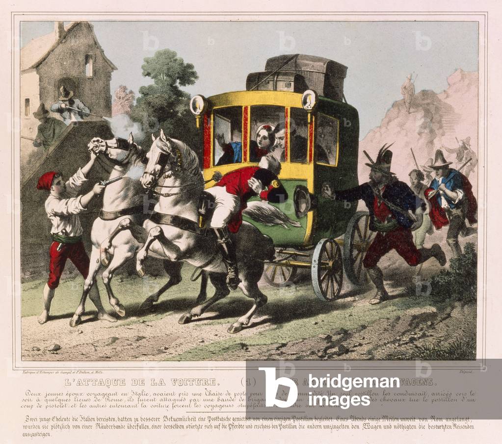 A honeymooning couple are attacked by highwaymen in Italy, pictorial broadsheet published by Gangel & P. Didion, Metz, c.1850 (colour litho)