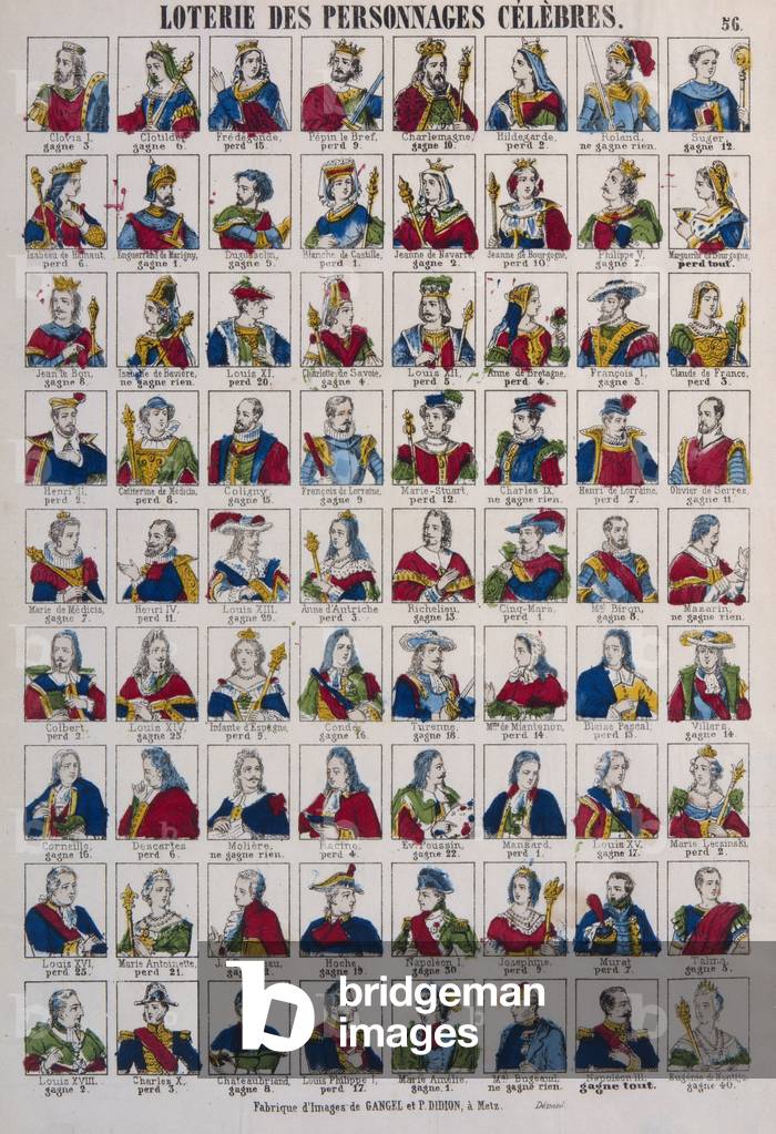 Lottery of Celebrated Persons, published by Gangel & P. Didion, Metz, c.1870 (colour litho)