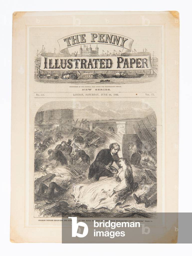 Charles Dickens relieving the sufferers at the fatal railway accident, near Staplehurst, Penny Illustrated Paper, 24 June 1865 (litho)