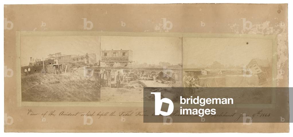 Montage of the Staplehurst train crash, 1865 (three sepia toned photographs mounted together on a card backing board)