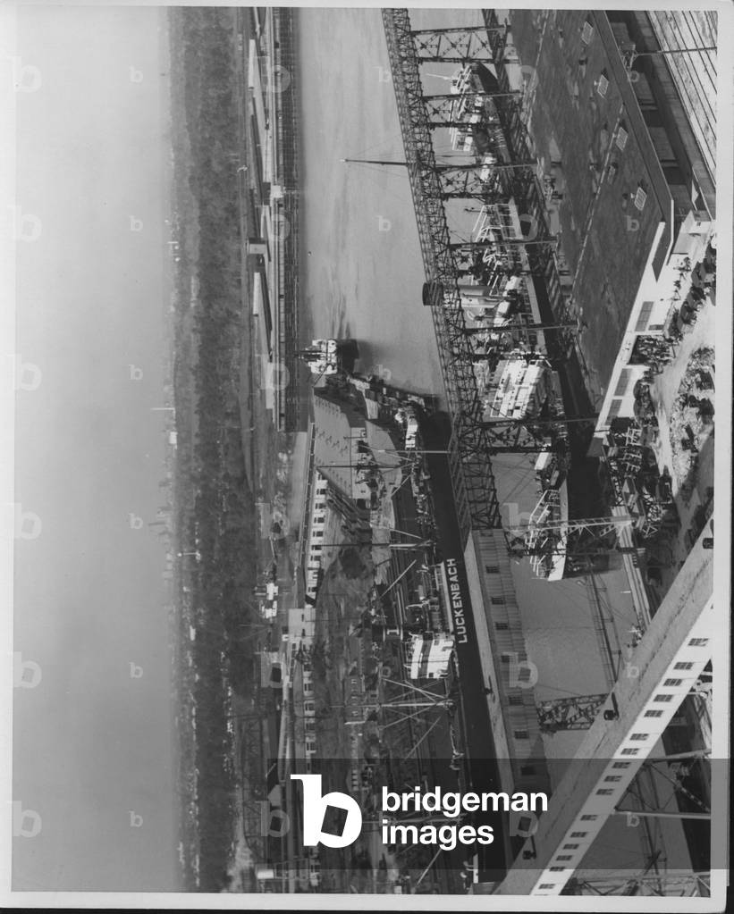 Harbour Shipping Scene with Houston Skyline, 1935-36 (b/w photo)