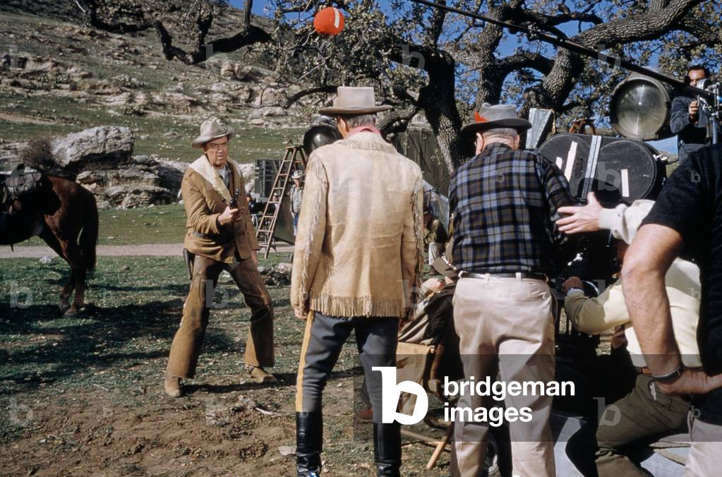 On The Set James Stewart And Richard Widmark, Two Rode Together 1961 Directed By John Ford