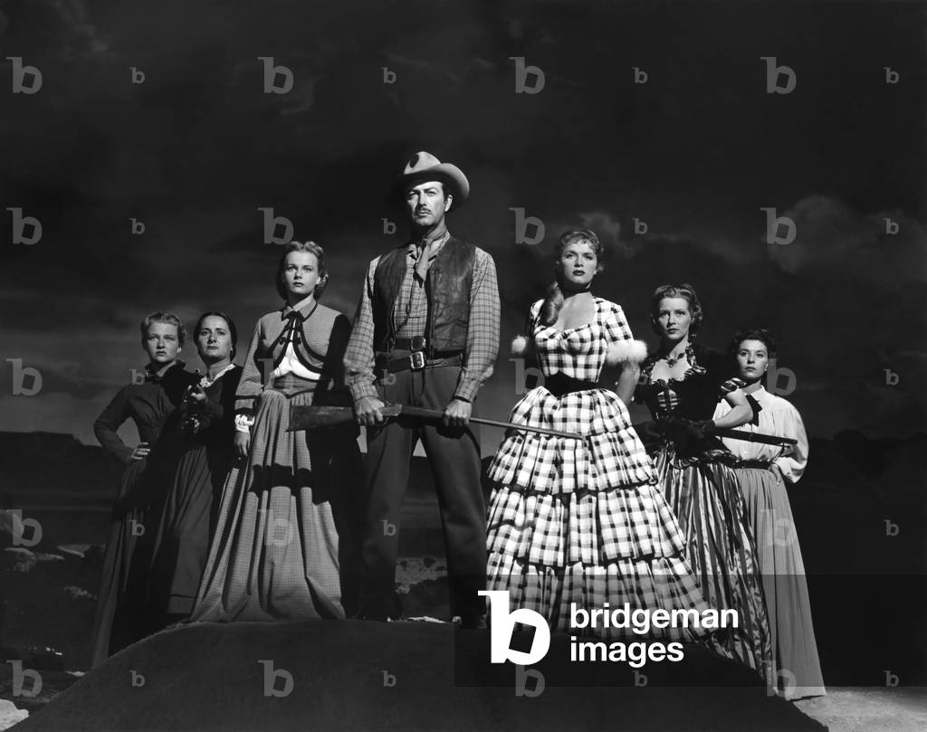 Renata Vanni (2. L), Robert Taylor, Denise Darcel, Julie Bishop (2.R), Westward The Women 1951 Directed By William A. Wellman