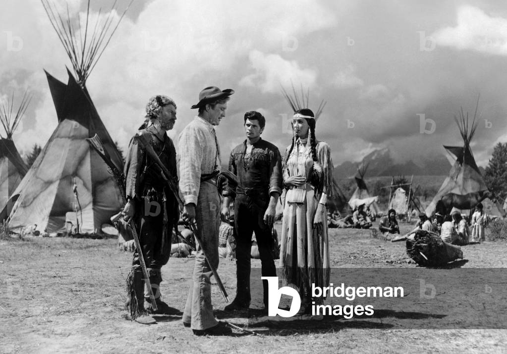 Arthur Hunnicut, Kirk Douglas, Dewey Martin And Elizabeth Threatt., The Big Sky 1952 Directed By Howard Hawks