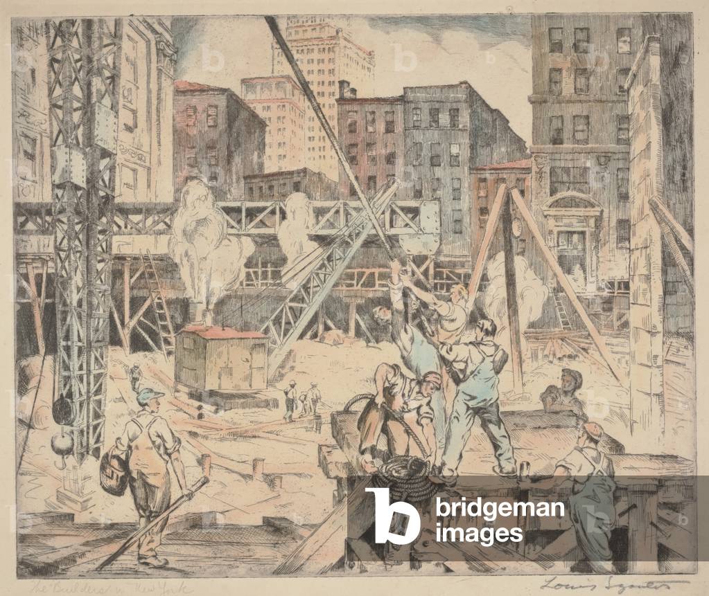 The Builders in New York, 1910 (hand-coloured etching)