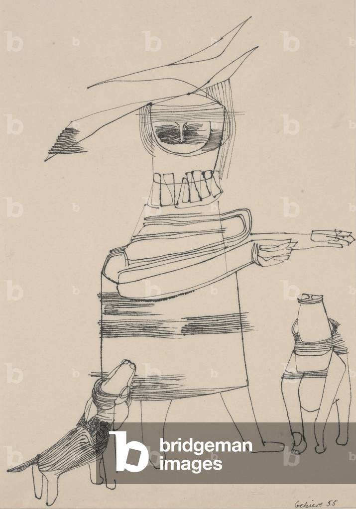 Figure with Dogs, 1955 (pen & ink on paper)