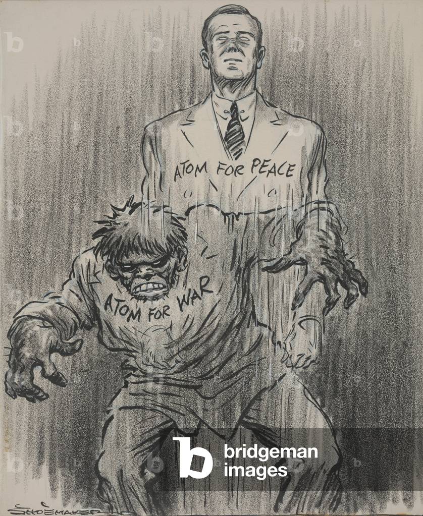 Dr. Jekyll or Mr. Hyde? Atoms for Peace and War (ink & crayon on paper)