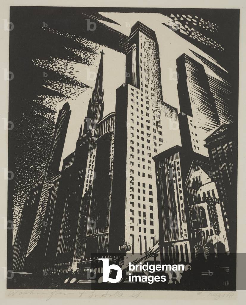 Washington and LaSalle Street, c.1933-1934 (linoleum cut)