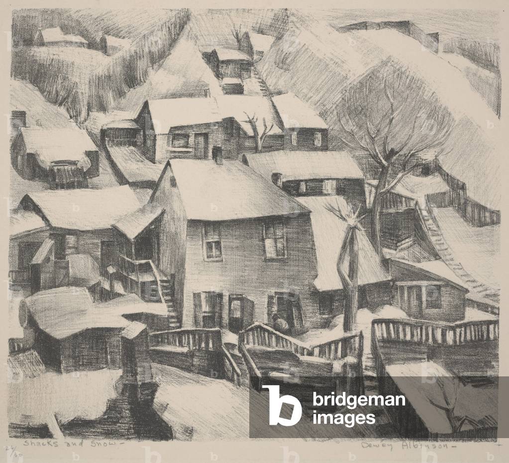 Shacks and Snow, c.1935 (litho)