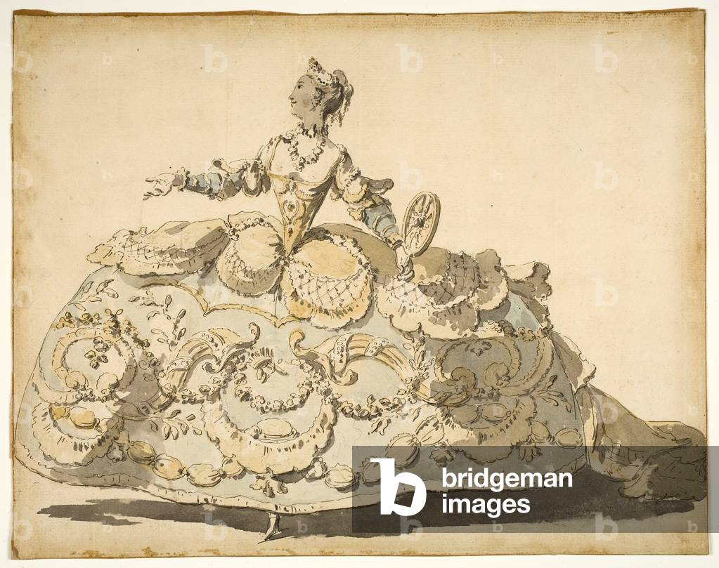 Lady with Elaborate Crinoline, 1780-1810 (pen & gray ink, gray wash & w/c over graphite)